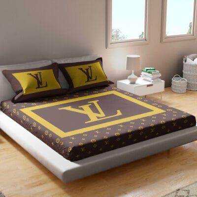 LV boxed logo brown fitted bedsheet