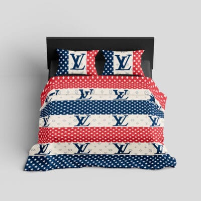 LV pattern bedsheet front NavyRed Stripes front