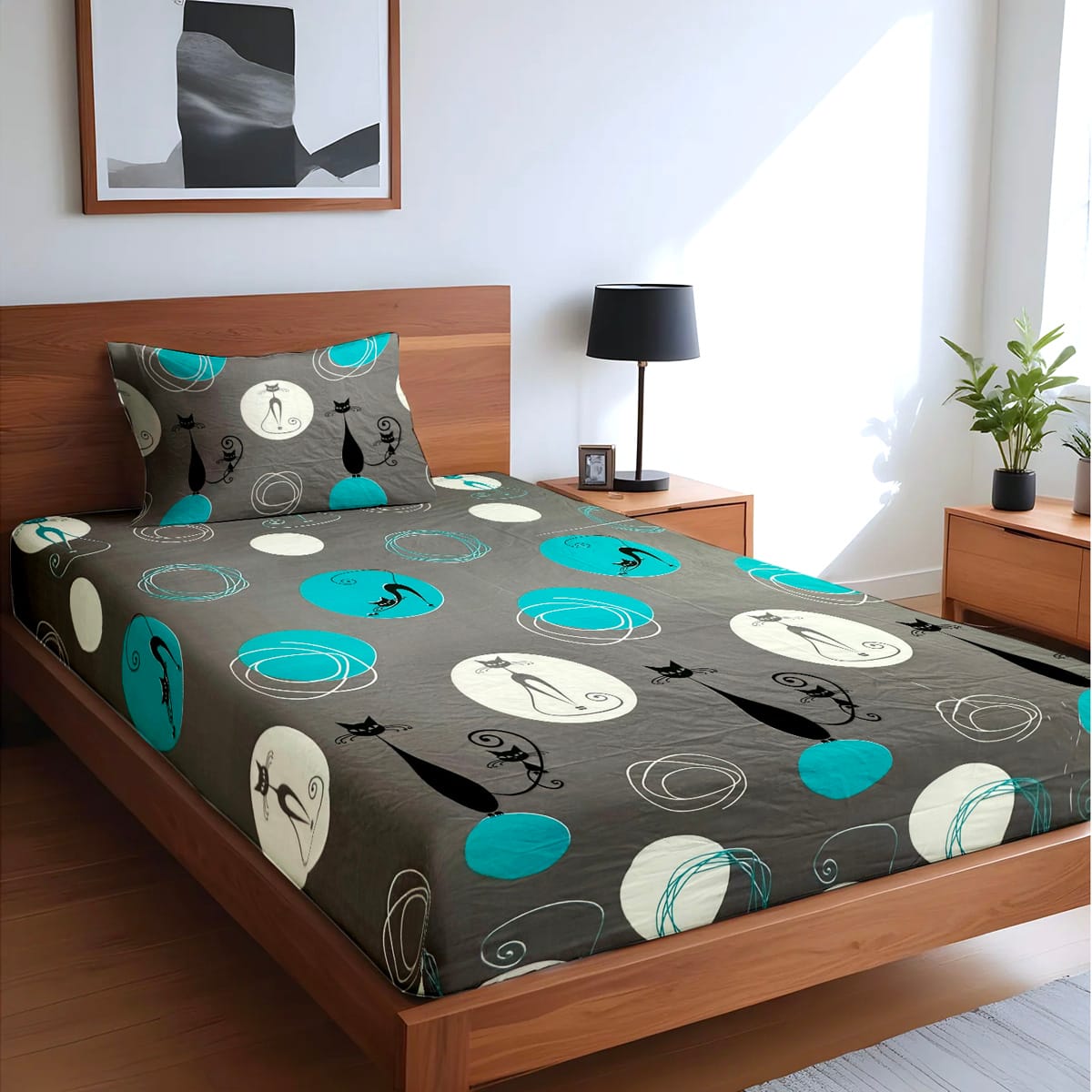 single fitted bedsheet CatsBlue