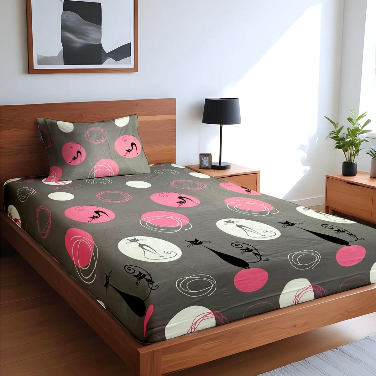 single fitted bedsheet CatsPink