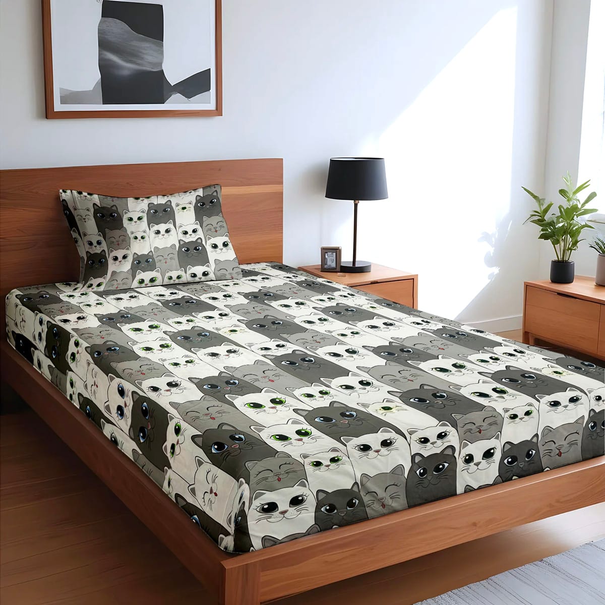 single fitted bedsheet kids CatsBlack