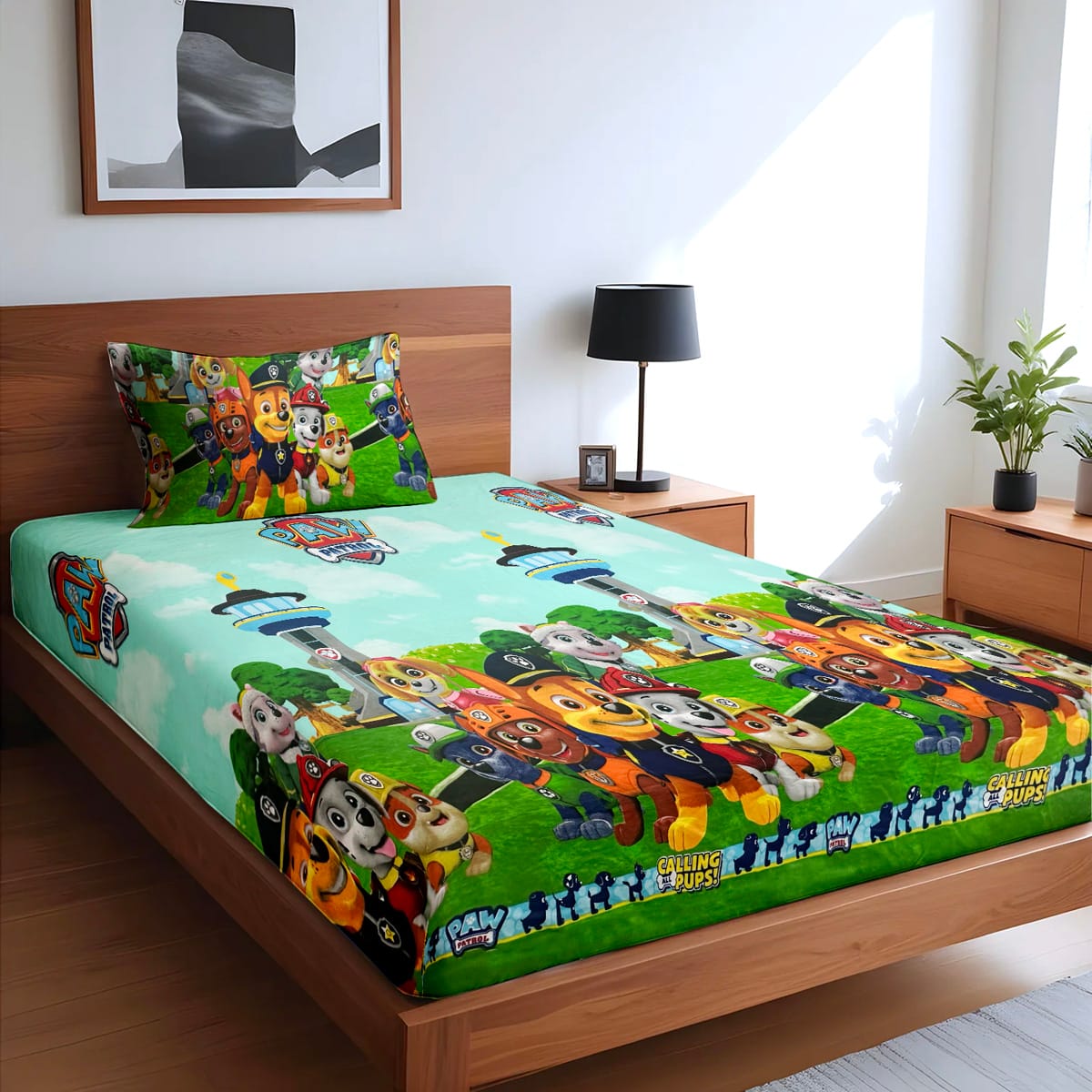 single fitted bedsheet kids PawPetrol Green